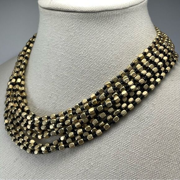 Kenneth Jay Lane Gold Tone Square Black Round Beaded 10 Layer Statement Neckace - Picture 3 of 7